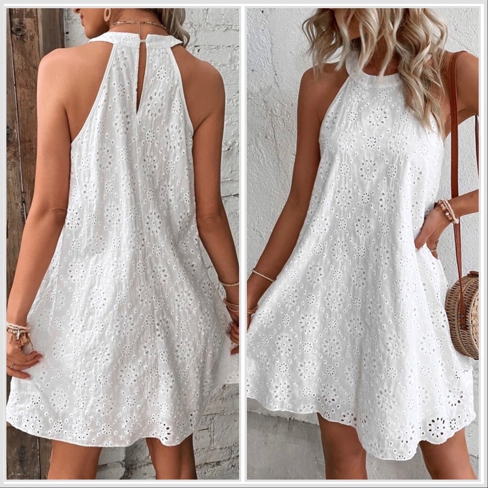 White Eyelet Halter Summer Dress